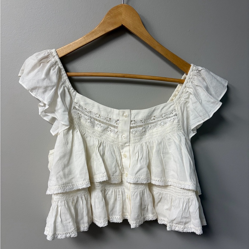 Free People White Ruffled Off-Shoulder Button-Front Top